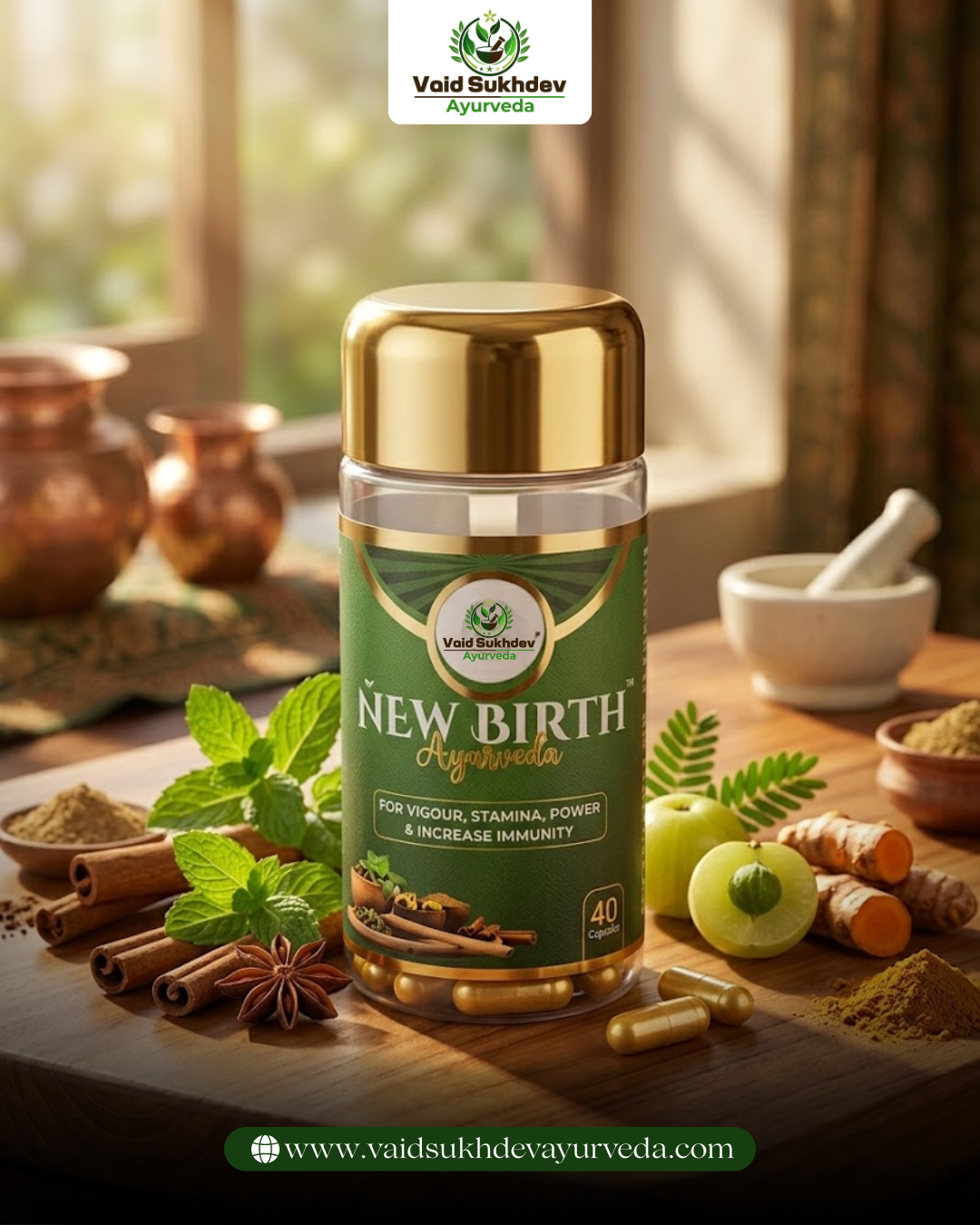 Vaid Sukhdev New Birth Ayurveda Capsules – Energy, Stamina & Immunity Booster (40 Capsules)