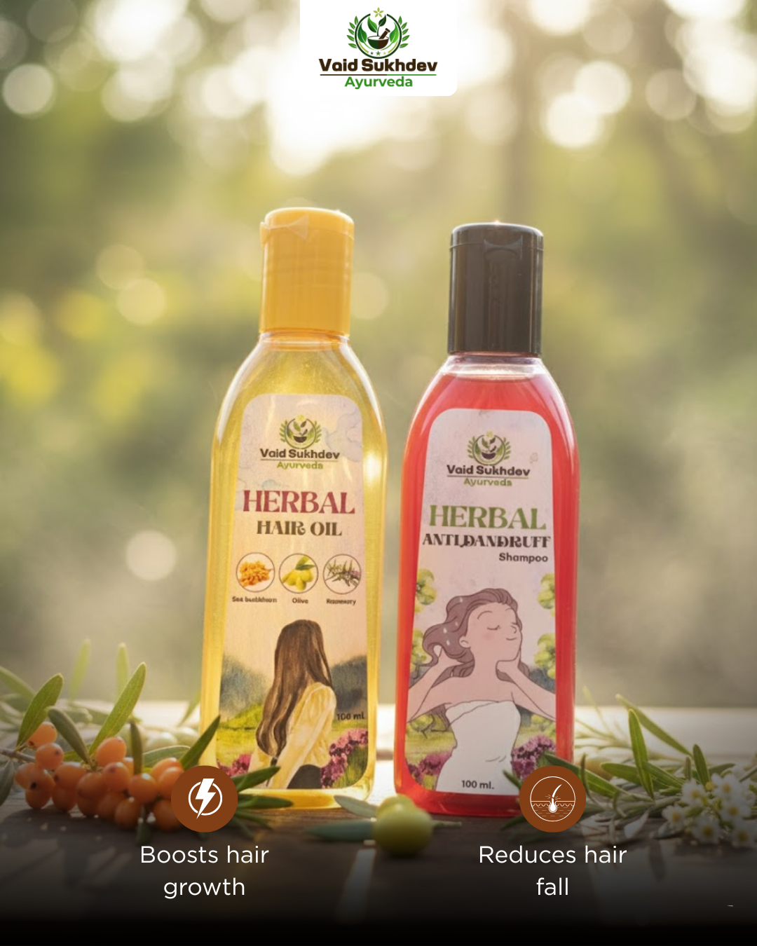 Vaid Sukhdev Ayurveda – Herbal Hair Oil & Anti-Dandruff Shampoo Combo